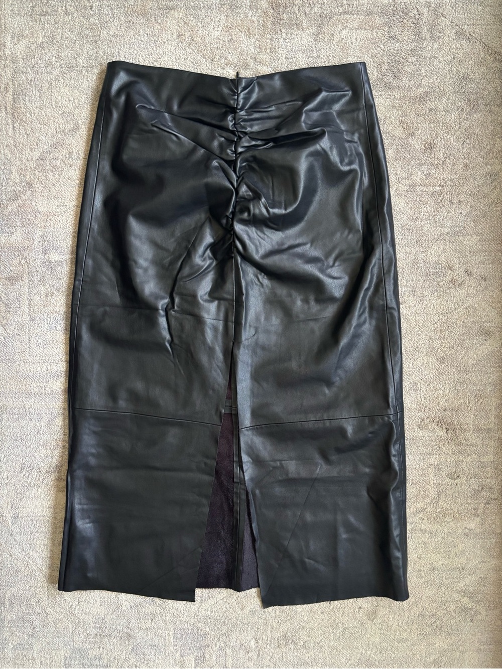 Zara Black Faux Leather Ruched front Midi Skirt